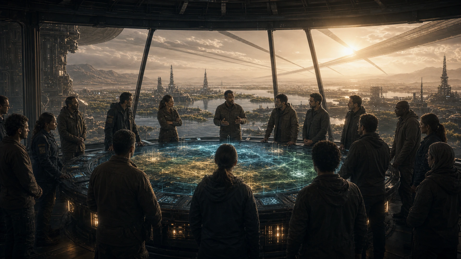 High-resolution concept image for Cycle 107: Shadow Band Debate: CT-03 terrain, mission infrastructure, atmospheric light, and storm pressure rendered as a cinematic WebP illustration.