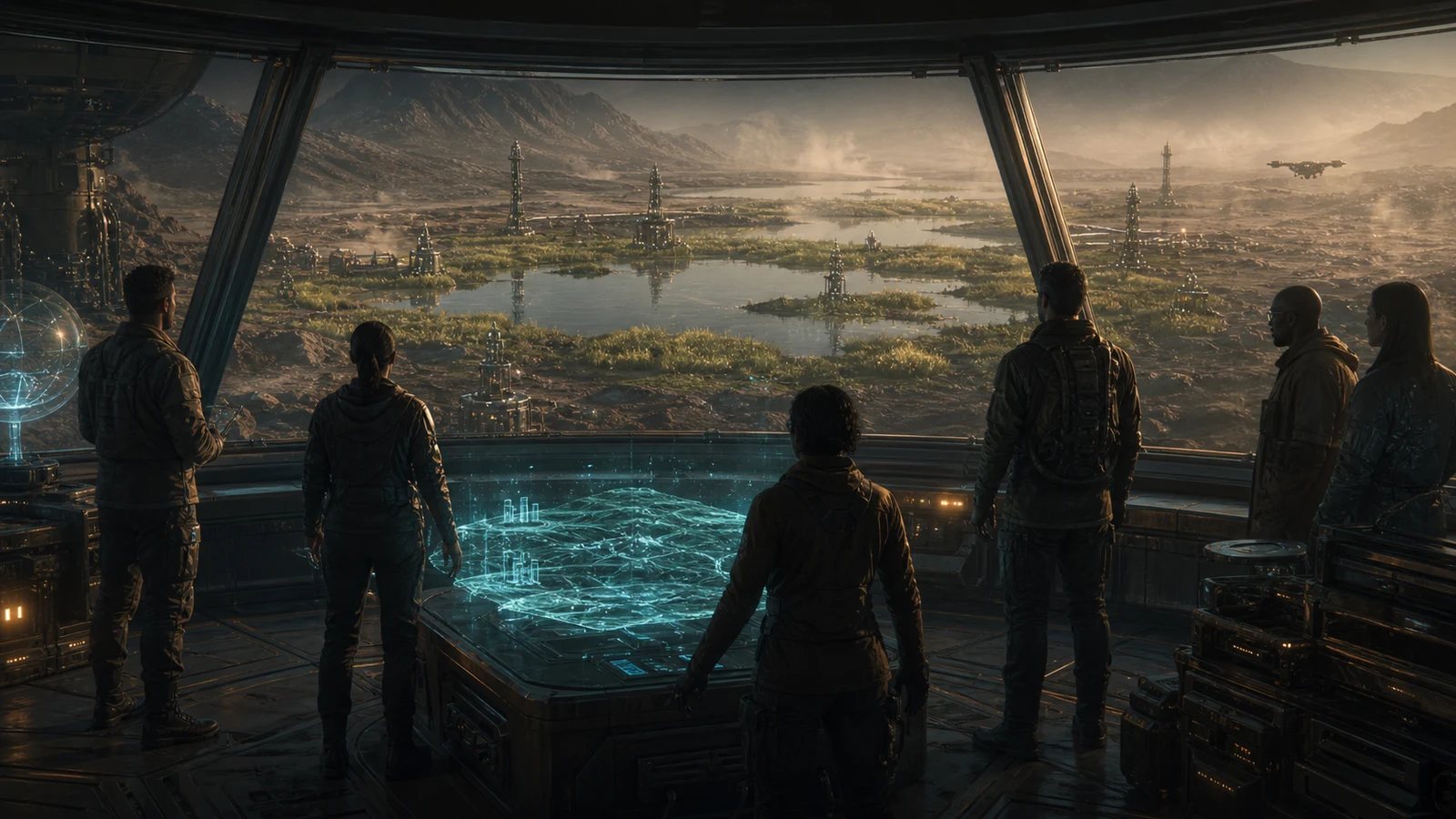 High-fidelity concept art of a first oasis briefing from an observation deck overlooking controlled water, moss growth, and soil rigs.