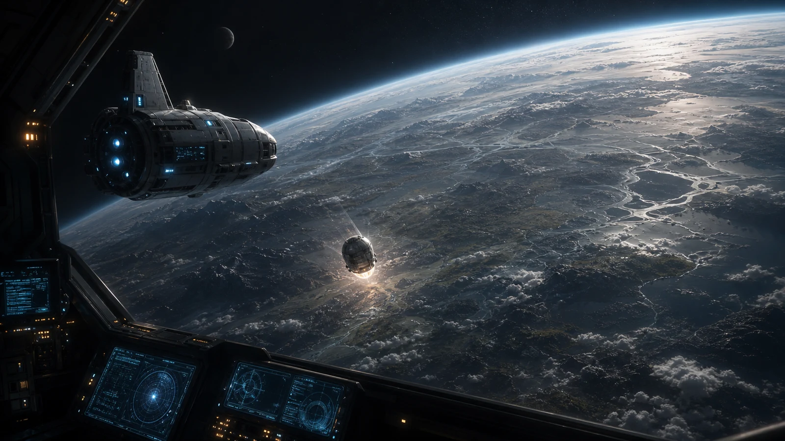 High-fidelity concept art of the Arrival chapter with ark craft approaching Last Cradle and first sector telemetry reflected in the cockpit.