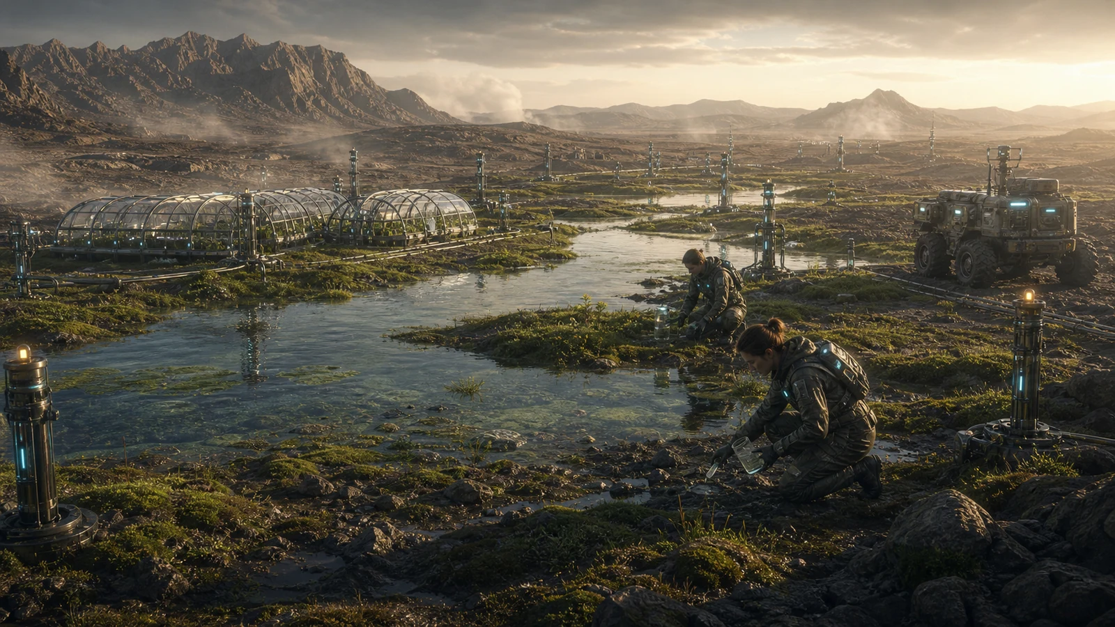 High-fidelity concept art of the First Oasis chapter with water channels, soil activation beds, field operators, and harsh crater terrain.