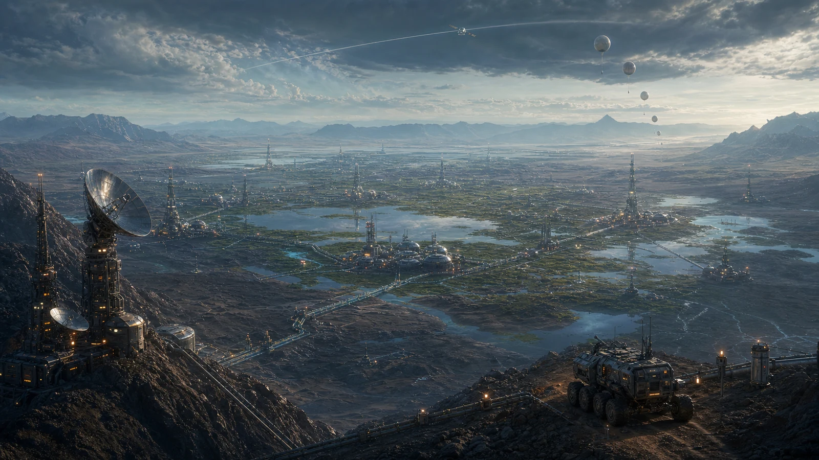 High-fidelity concept art of the Global Network chapter with restored sectors, relay towers, uplink dishes, and illuminated rover routes.