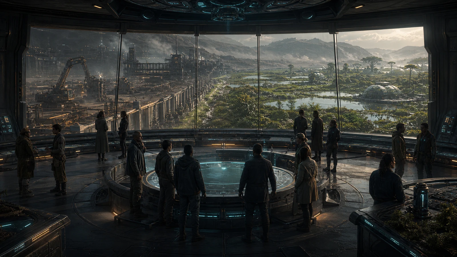 High-fidelity concept art of the Divergence chapter with route factions debating between terraforming construction and a protected wetland.