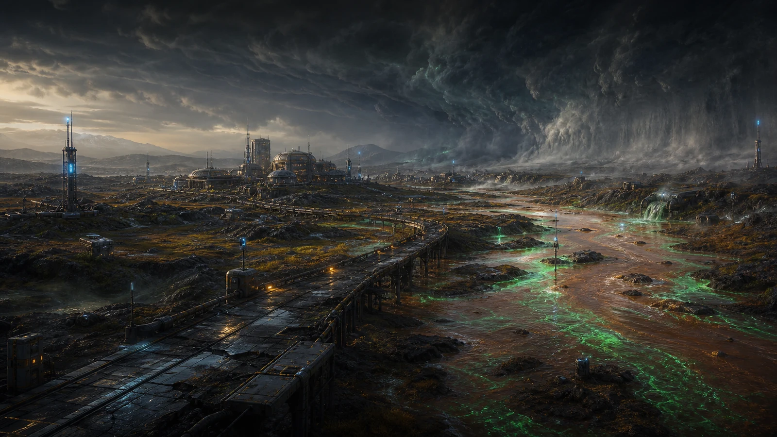 High-fidelity concept art of Planet Response with disturbed terrain, storm feedback, meltwater hazards, and damaged settlement routes.