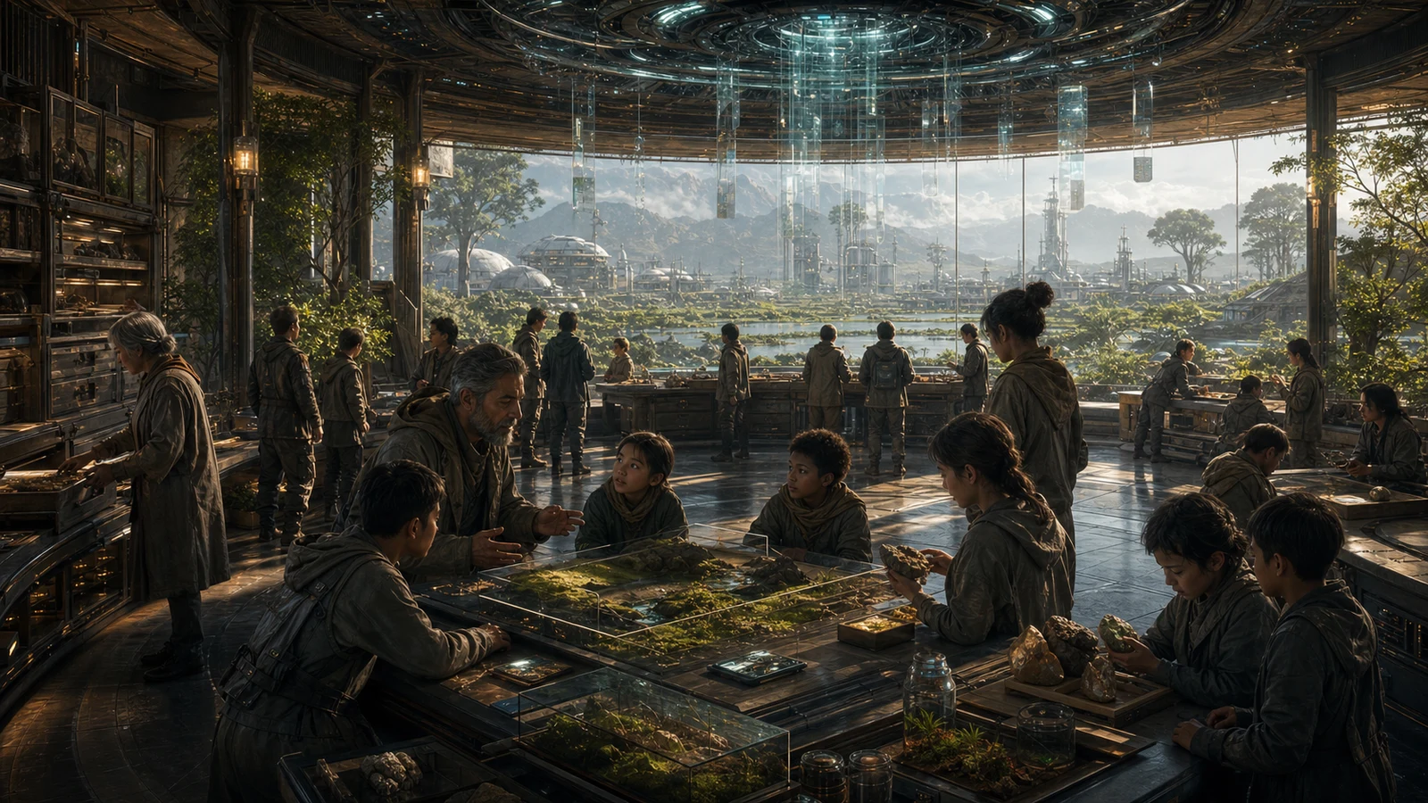 High-fidelity concept art of the Second Civilization chapter with a civic archive hall, First Generation learners, memory vaults, and a living sector outside.