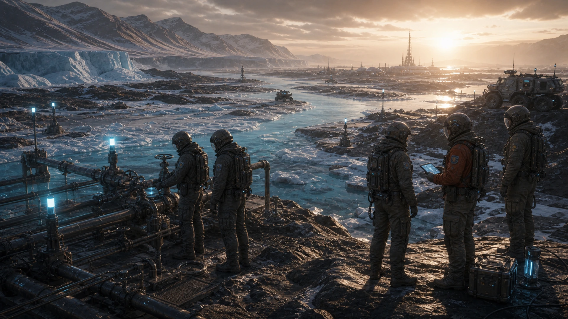 High-resolution concept image for Worldline Note: Meltwater Claims: CT-03 terrain, mission infrastructure, atmospheric light, and ice pressure rendered as a cinematic WebP illustration.