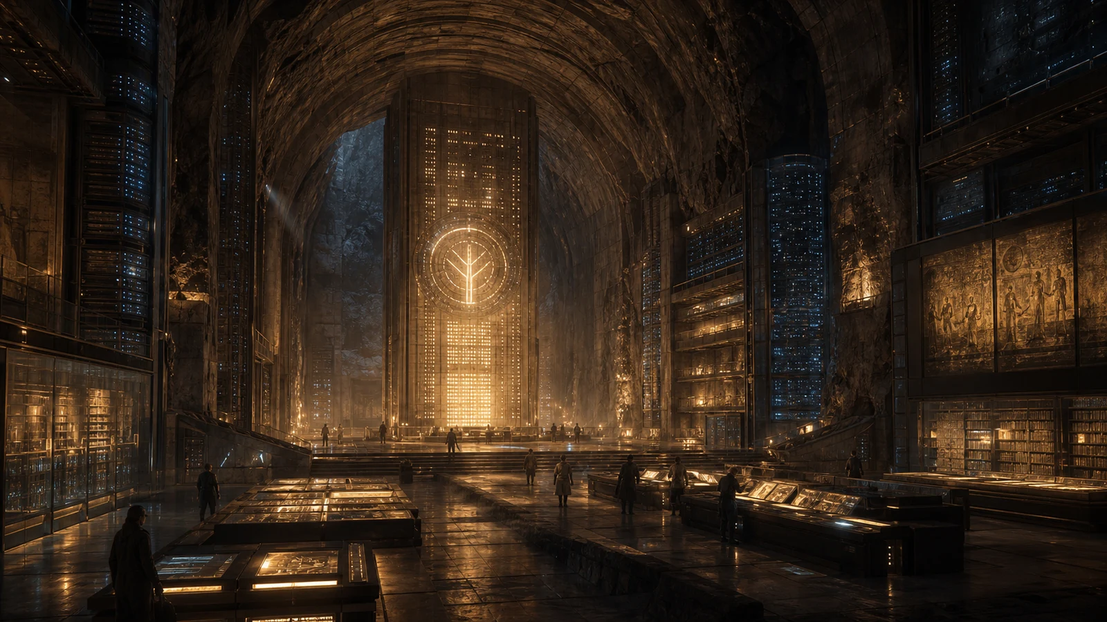 High-fidelity concept art of an Archive Church vault with cultural memory systems, warm archive light, and basalt shelter walls.