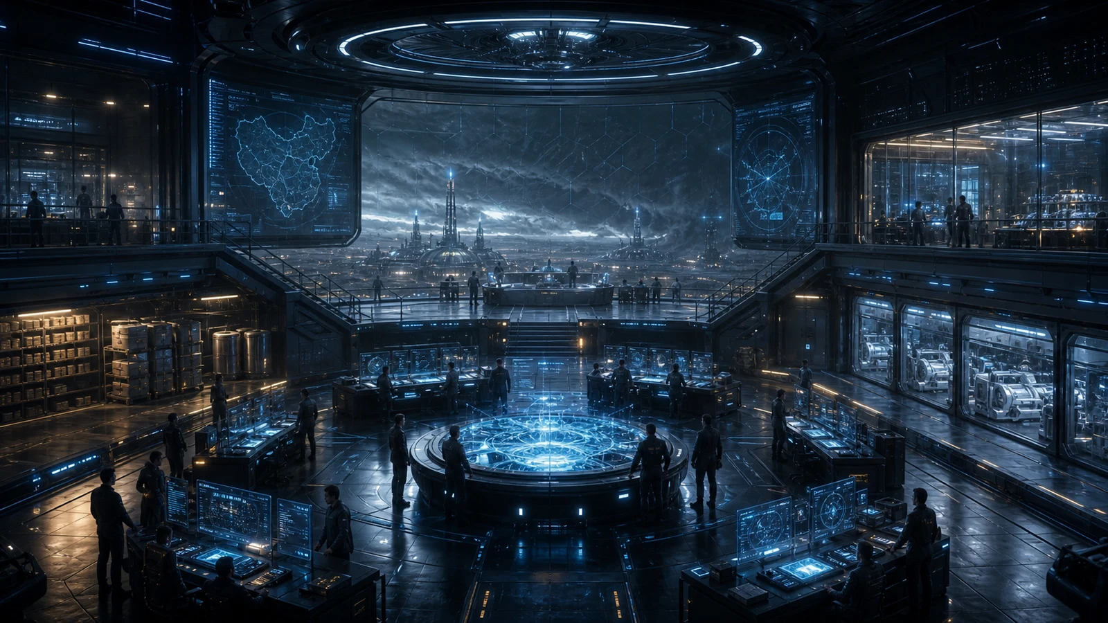 High-fidelity concept art of a Cradle Authority command hall with emergency coordination systems and storm-shielded sector views.