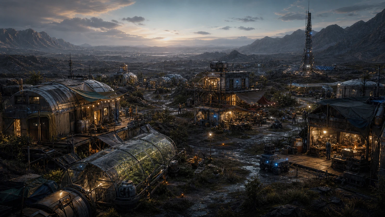High-fidelity concept art of a Free Settlers autonomous habitat with repaired modules, greenhouse shells, and local workshop lights.