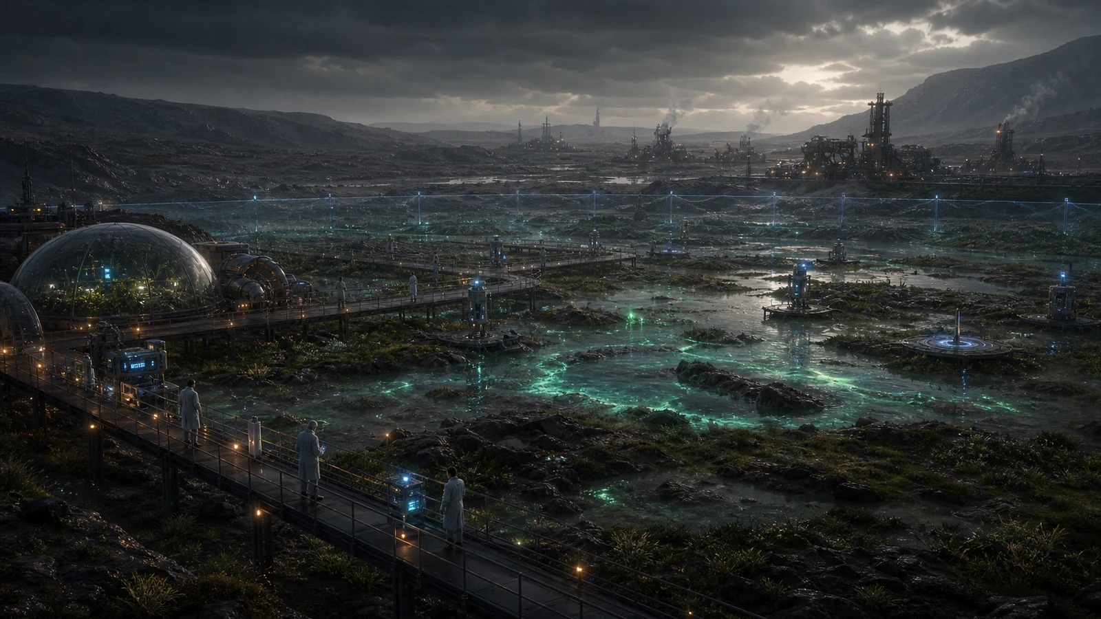 High-fidelity concept art of a Native Balance Institute protected research preserve with observation walkways and ecological boundary beacons.