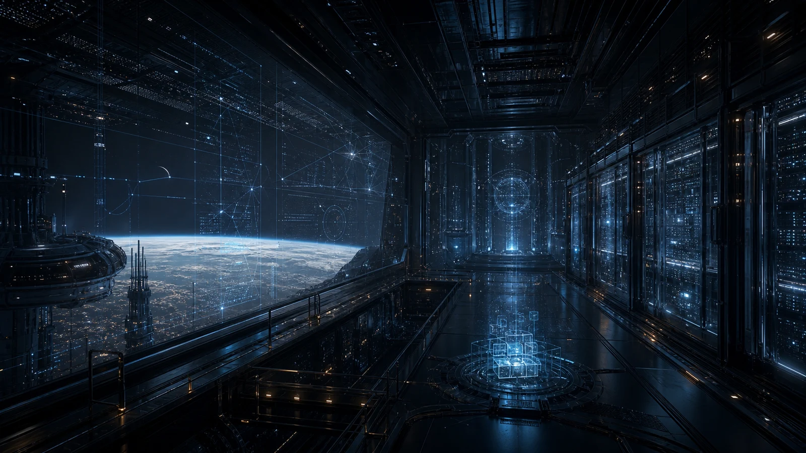 High-fidelity concept art of Silent Core with a dark orbital risk-control facility, quiet server vaults, and cyan emergency systems.