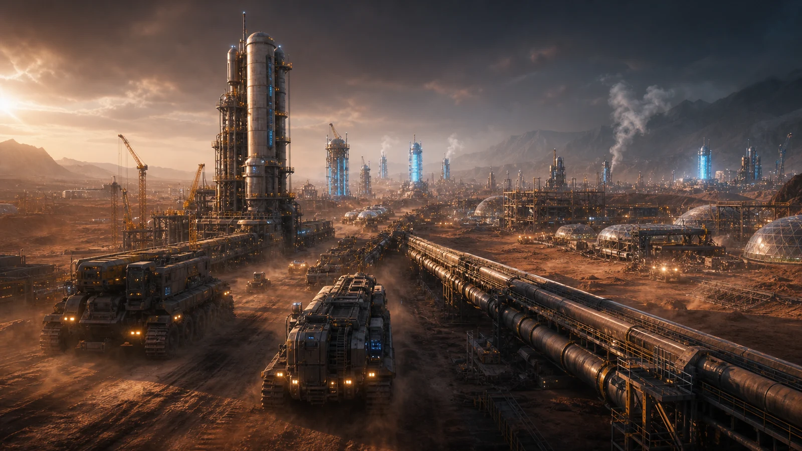 High-fidelity concept art of Terraform Union with massive atmosphere processors, pipe gantries, construction crawlers, and dust-bound infrastructure.