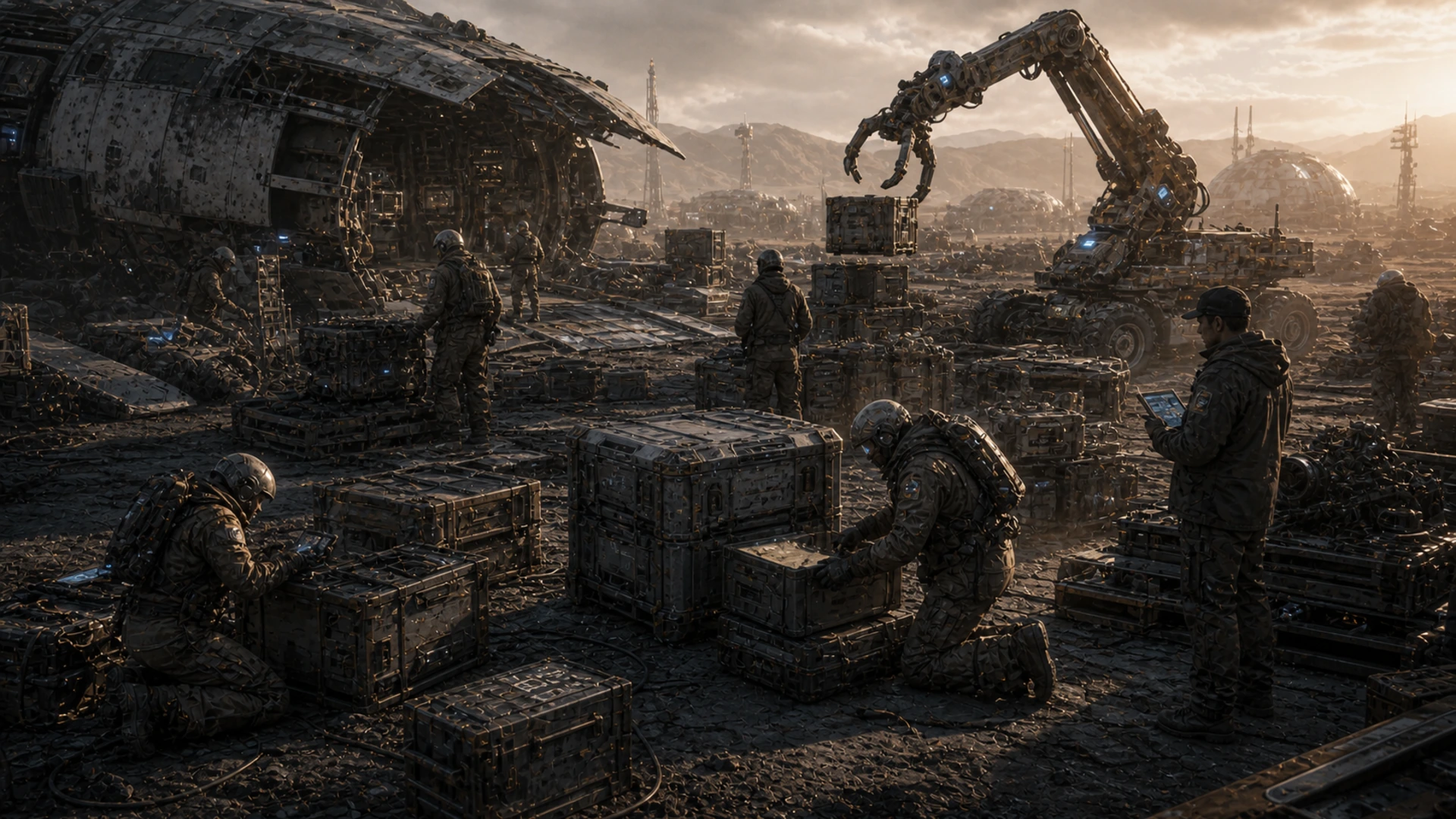 High-resolution concept image for Mission Log 028: Material Scarcity: CT-03 terrain, mission infrastructure, atmospheric light, and tech pressure rendered as a cinematic WebP illustration.