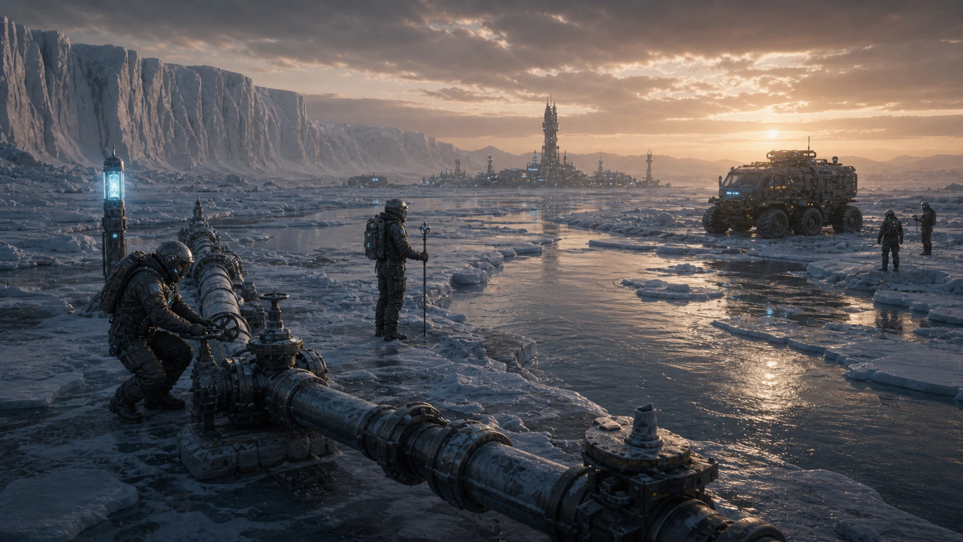High-resolution concept image for Mission Log 030: Meltwater Claim: CT-03 terrain, mission infrastructure, atmospheric light, and ice pressure rendered as a cinematic WebP illustration.