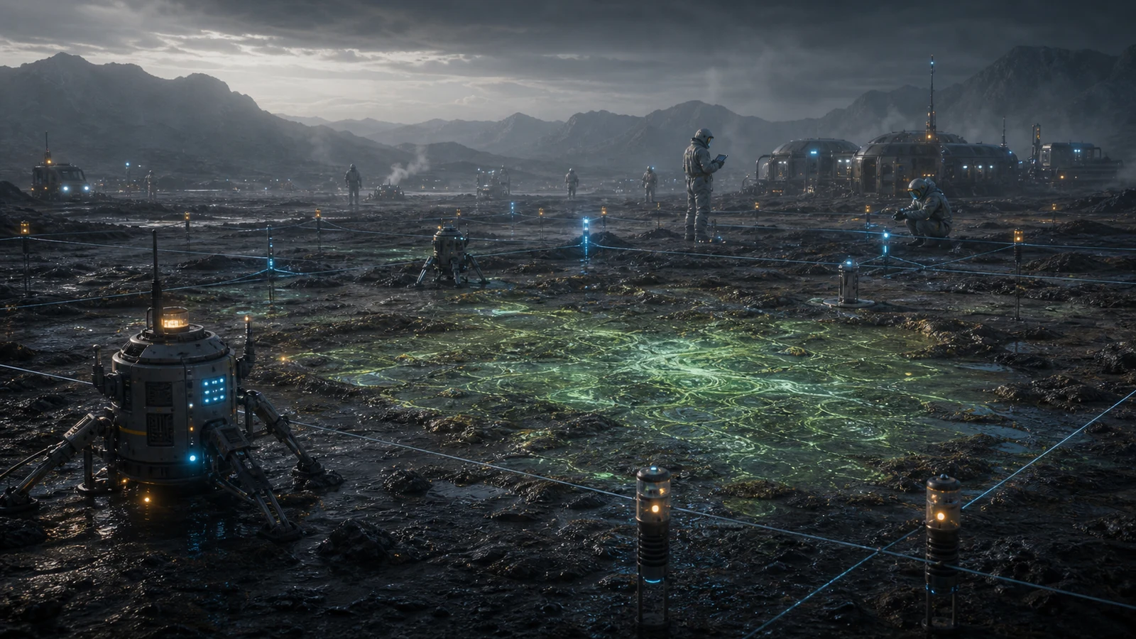 High-fidelity concept art of a suspended soil activation grid with probes, protected samples, and faint native biochemical traces.