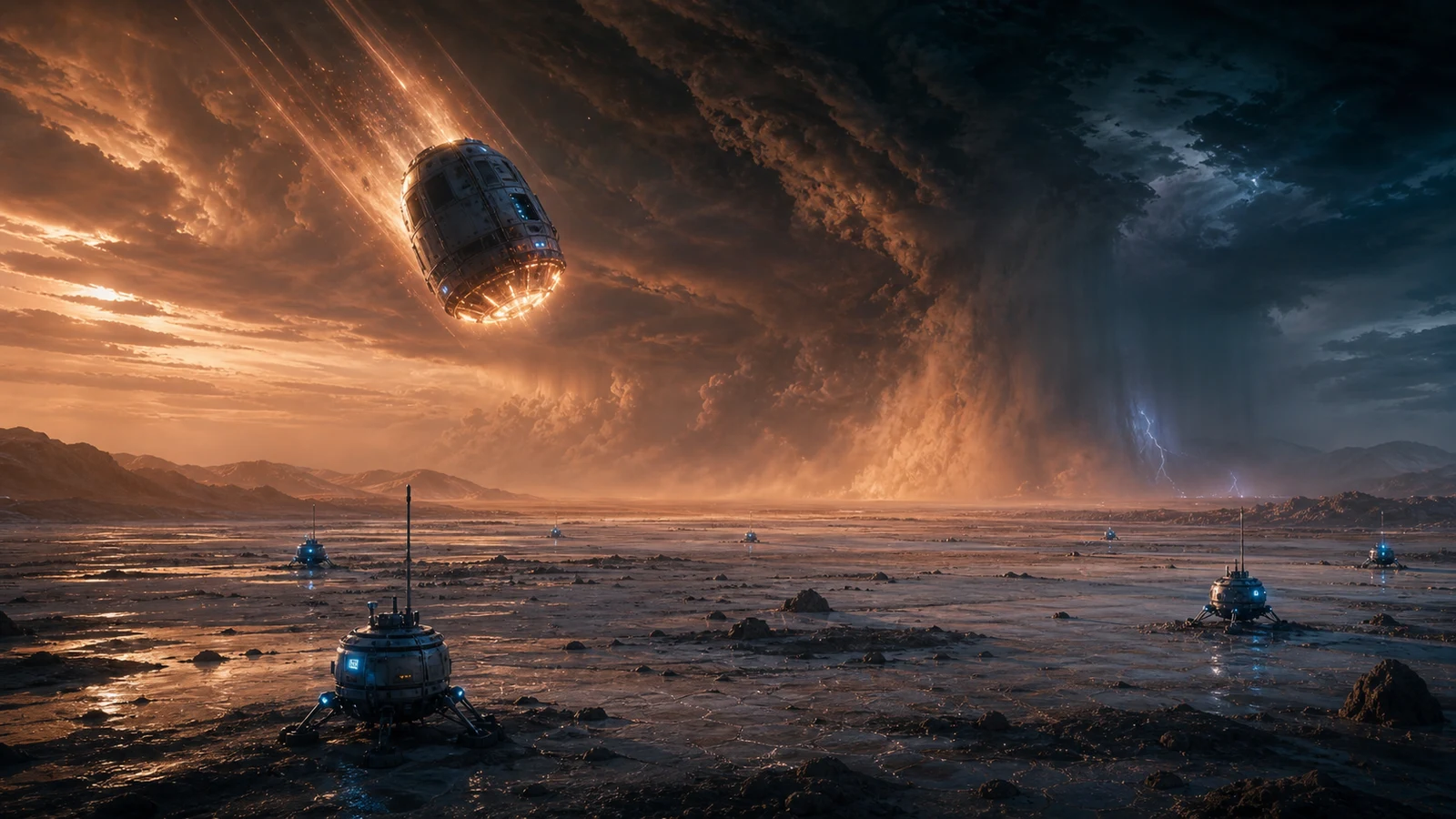 High-fidelity concept art of autonomous Seedfall survey pods entering a copper-blue storm and landing on hostile salt flats.