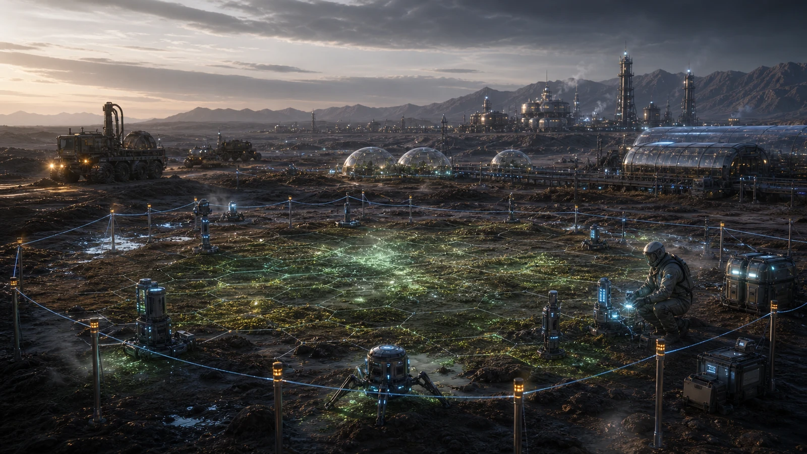 High-fidelity concept art of a suspended soil activation grid with protected sample zones, robotic probes, and native trace boundaries.