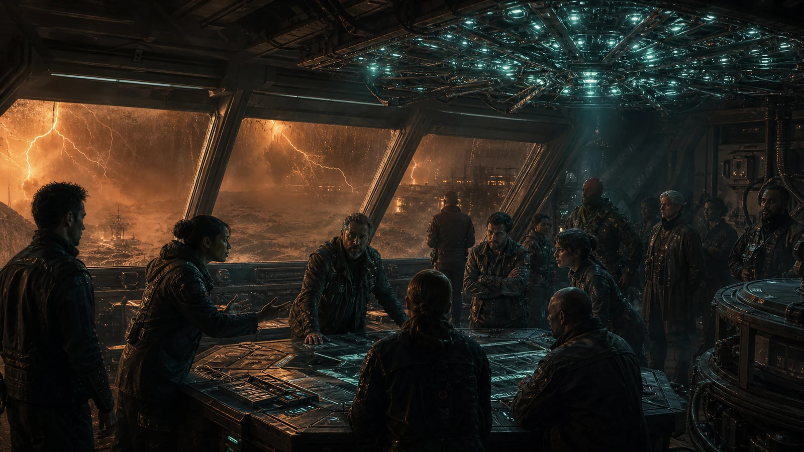 High-fidelity concept art of operators and faction delegates debating an emergency override inside a storm-shielded mission room.