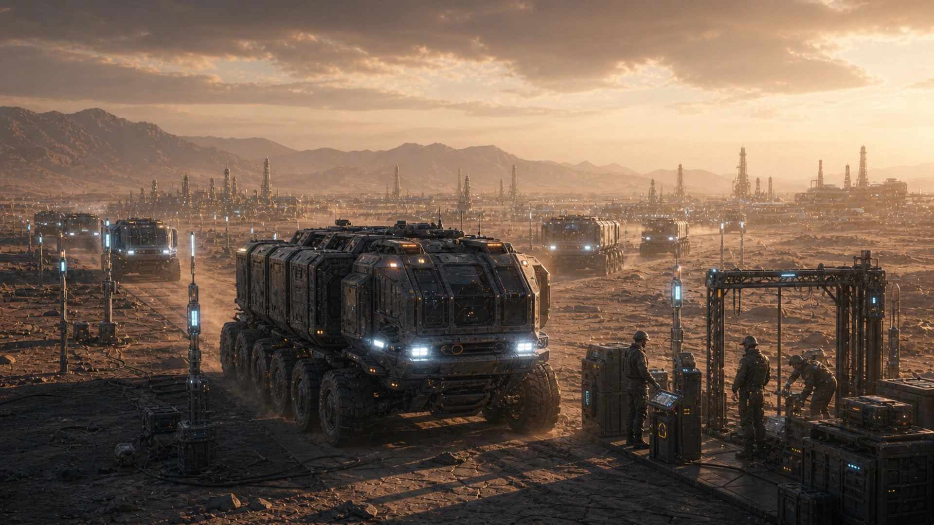 High-resolution concept image for Season 09: Autonomous Hauler Corridors: CT-03 terrain, mission infrastructure, atmospheric light, and tech pressure rendered as a cinematic WebP illustration.