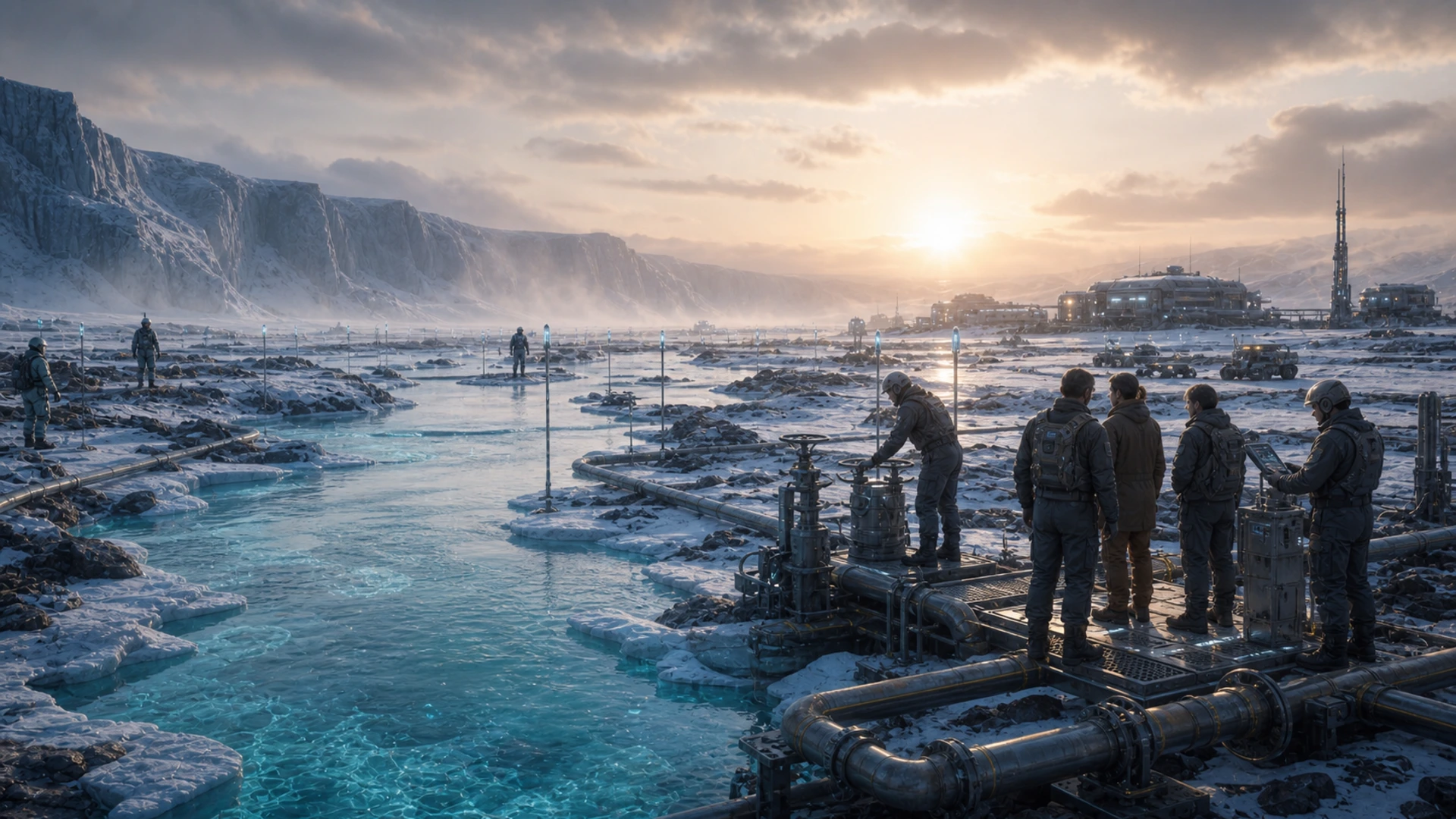 High-resolution concept image for Season 09: Meltwater Claim Lines: CT-03 terrain, mission infrastructure, atmospheric light, and ice pressure rendered as a cinematic WebP illustration.