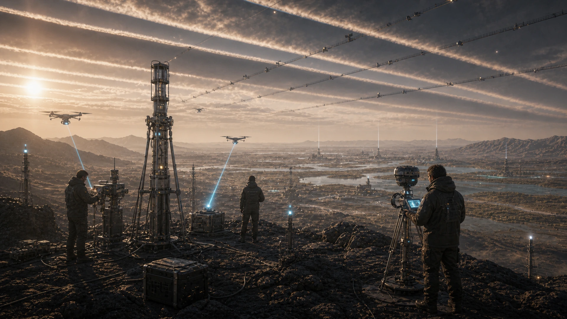 High-resolution concept image for Aerosol Shadow Mapping: CT-03 terrain, mission infrastructure, atmospheric light, and storm pressure rendered as a cinematic WebP illustration.