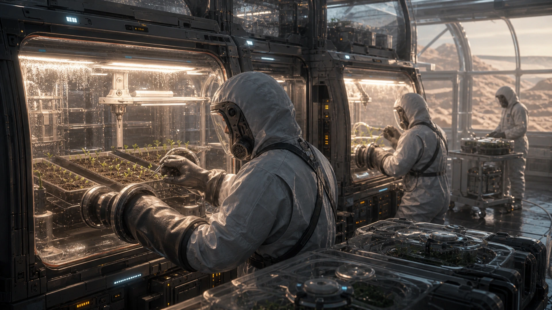 High-resolution concept image for Biosecure Seed Germination: CT-03 terrain, mission infrastructure, atmospheric light, and soil pressure rendered as a cinematic WebP illustration.