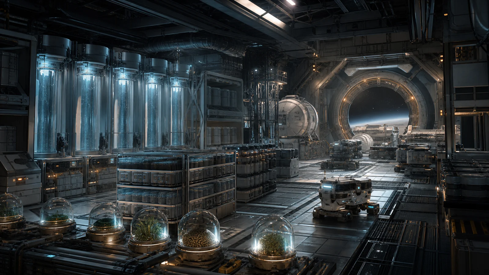 High-fidelity concept art of the Cradle Initiative seed ark preparation bay with preservation cylinders, seed banks, archive storage, and autonomous construction modules.