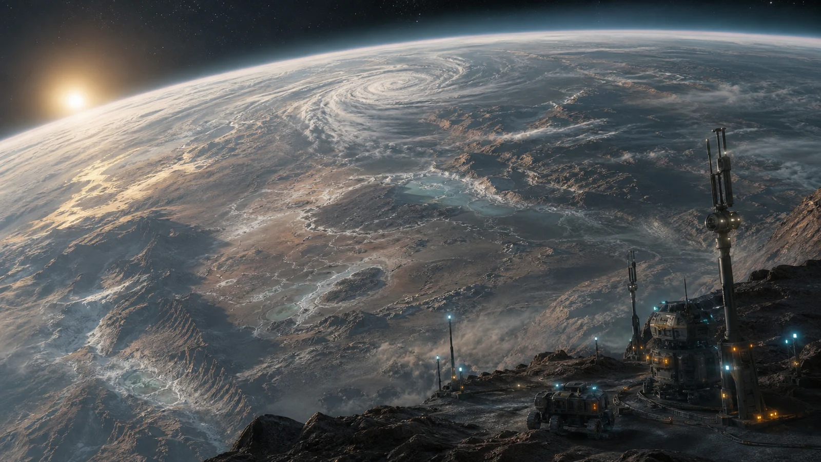 High-fidelity concept art of Last Cradle / CT-03 seen from orbital survey with hostile terrain, storm bands, water traces, and early survey infrastructure.