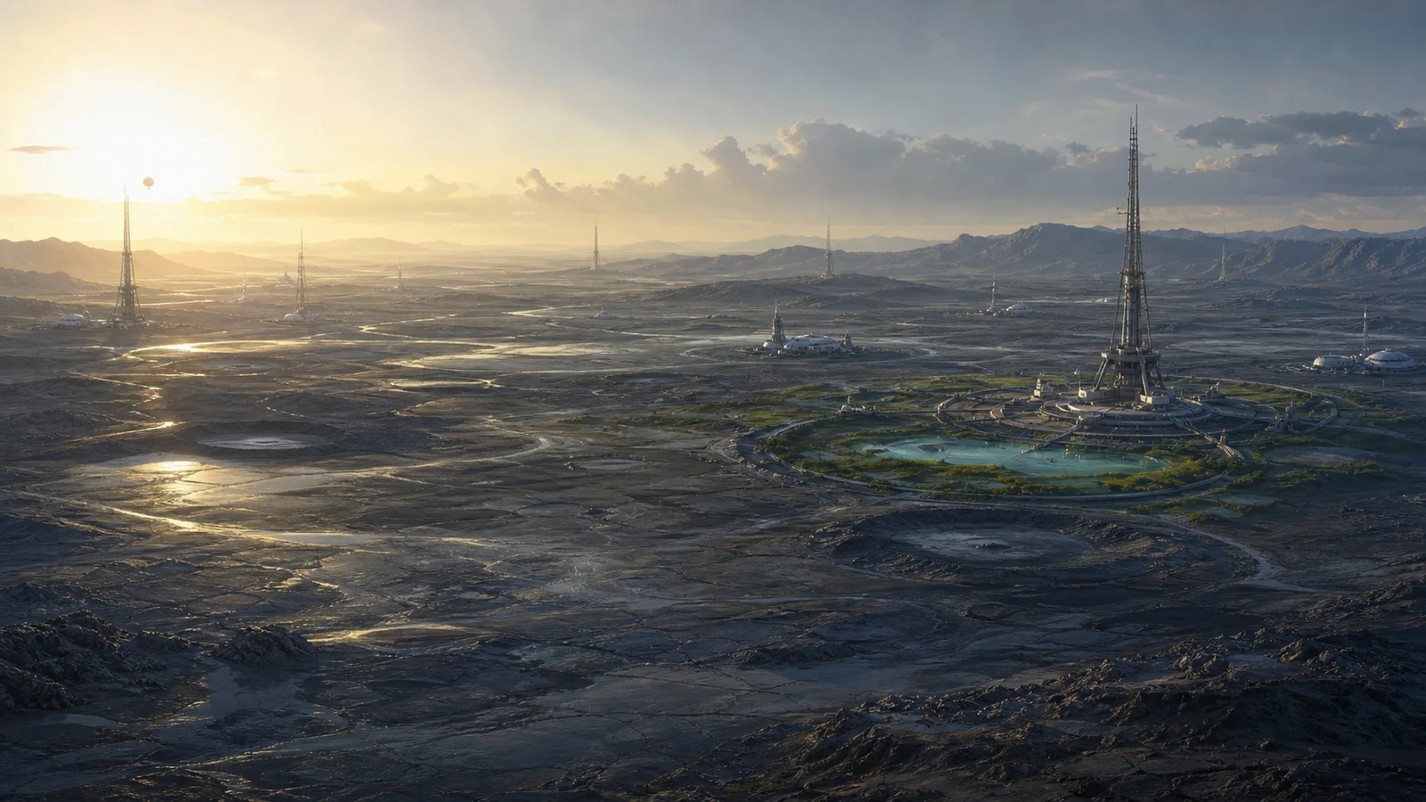 High-fidelity concept art of Dawn Plains at first light with shallow basins, early power grids, and controlled oasis markers.