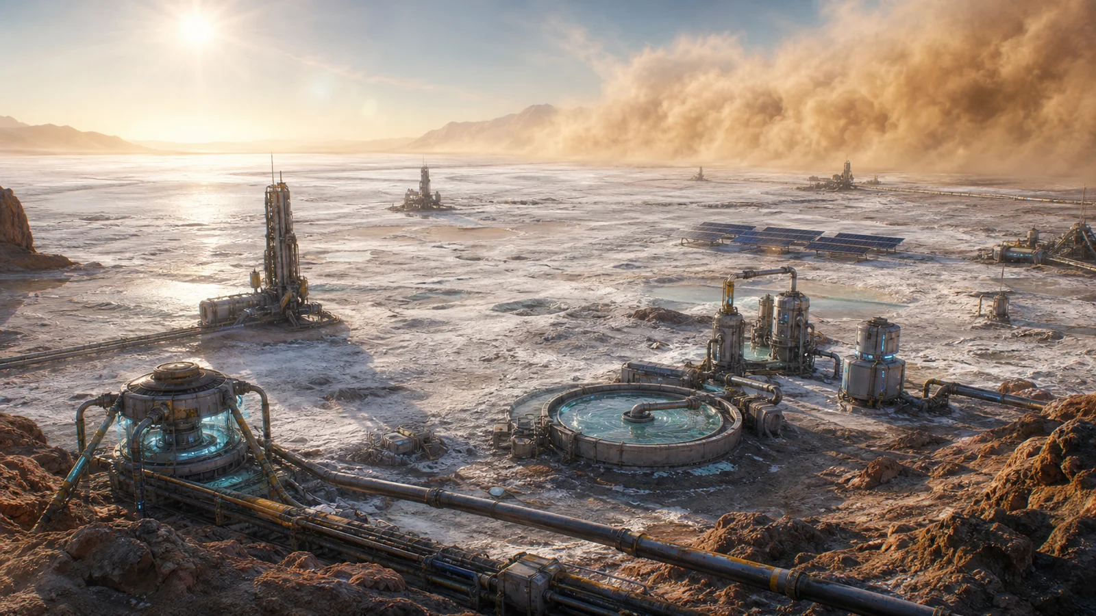 High-fidelity concept art of Dry Basin with salt crust, buried ice extraction rigs, dust storm edge, solar arrays, water pipes, and a fragile first water loop.