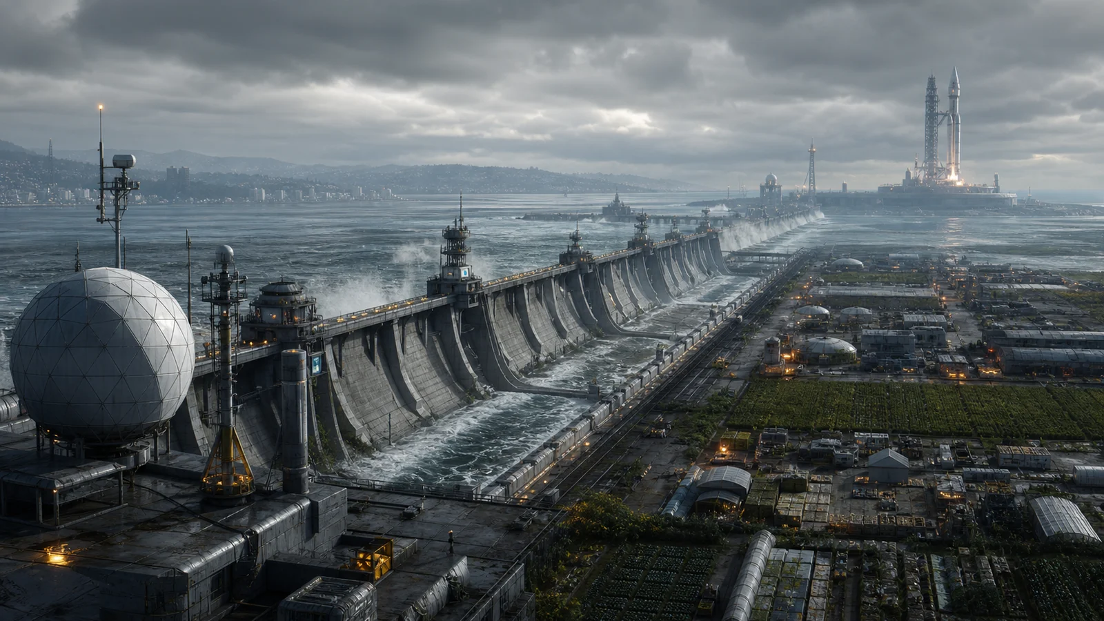 High-fidelity concept art of intact Earth infrastructure under climate and supply pressure with flood barriers, monitoring stations, and distant orbital industry.
