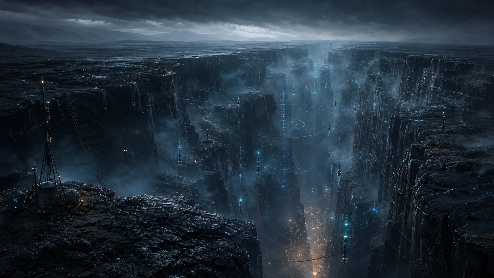 High-fidelity concept art of Echo Rift with fractured basalt shelves, luminous sensor echoes, probes, and geothermal depth.