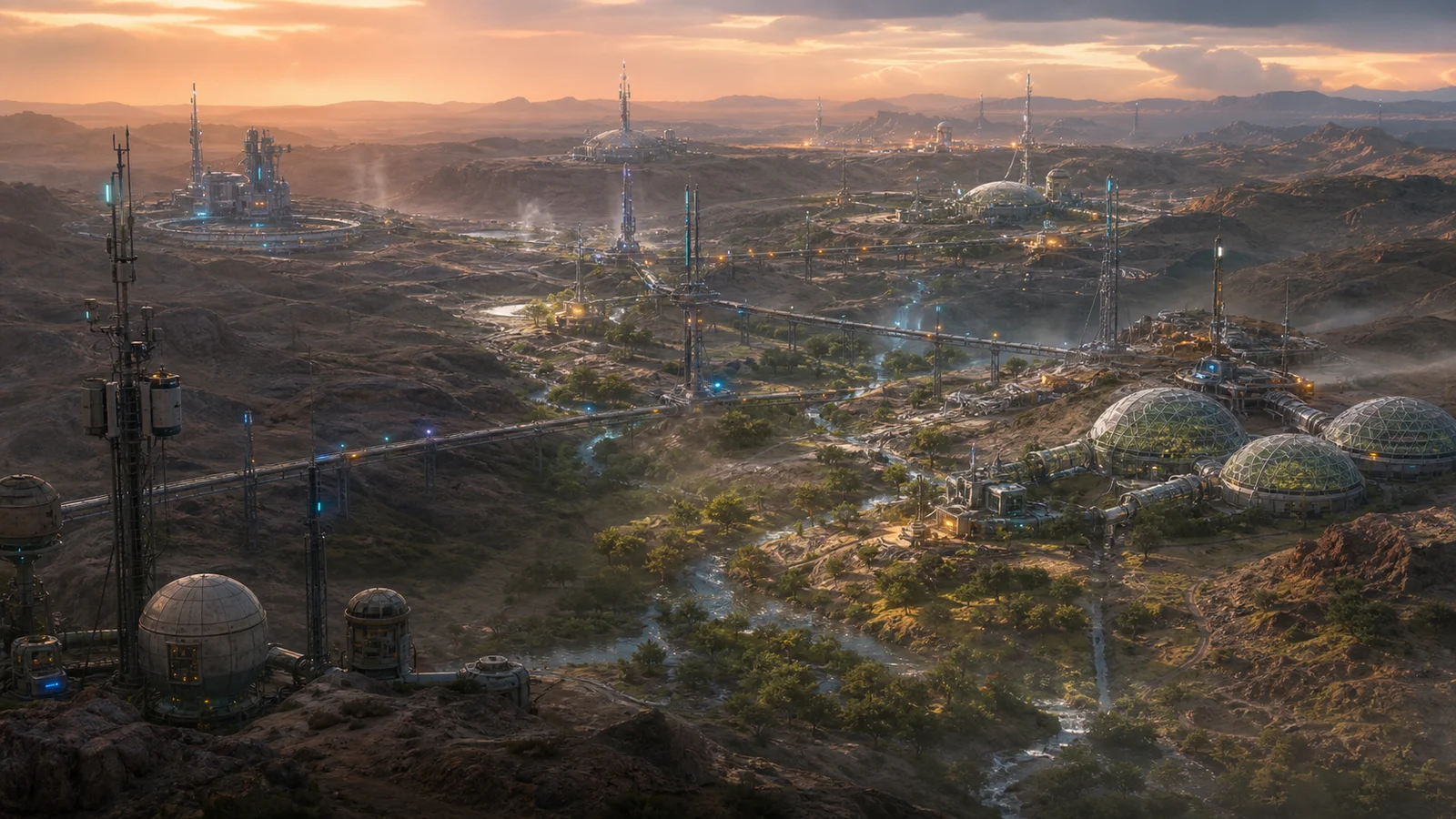 High-fidelity concept art of the Global Terraforming Network with connected oasis nodes, relay pylons, weather stations, water corridors, and fragile terrain tradeoffs.