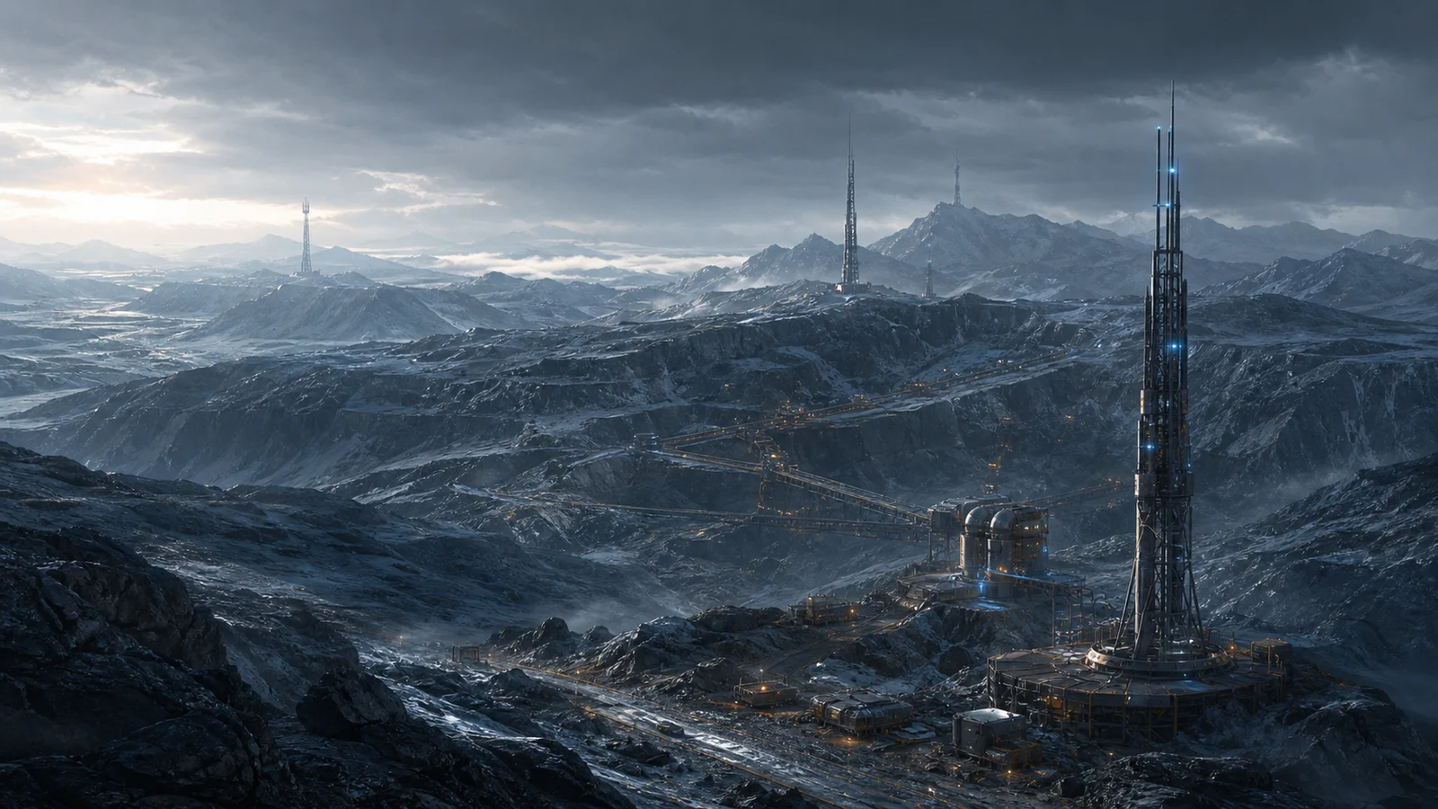 High-fidelity concept art of blue-gray highland ridges, relay construction pads, and mineral extraction corridors under thin CT-03 air.
