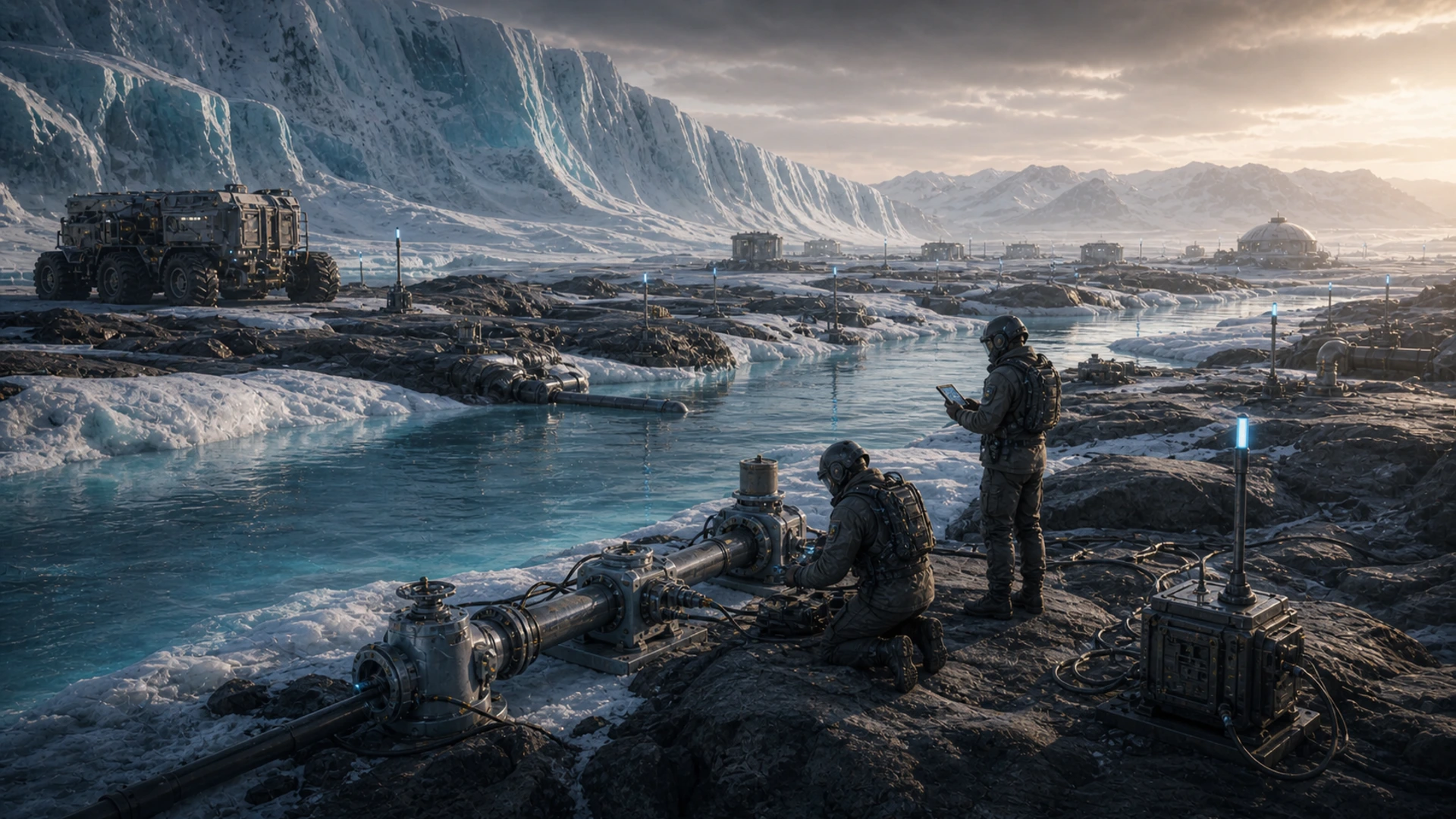 High-resolution concept image for Meltwater Claim Lines: CT-03 terrain, mission infrastructure, atmospheric light, and ice pressure rendered as a cinematic WebP illustration.