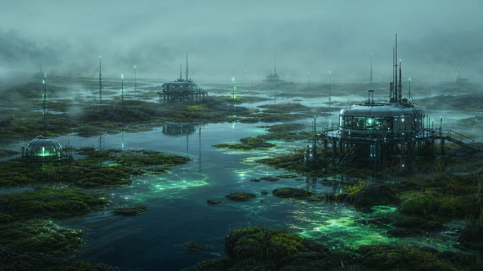 High-fidelity concept art of Mist Wetlands with fog basins, protected water traces, field labs, and quiet microbial observation zones.