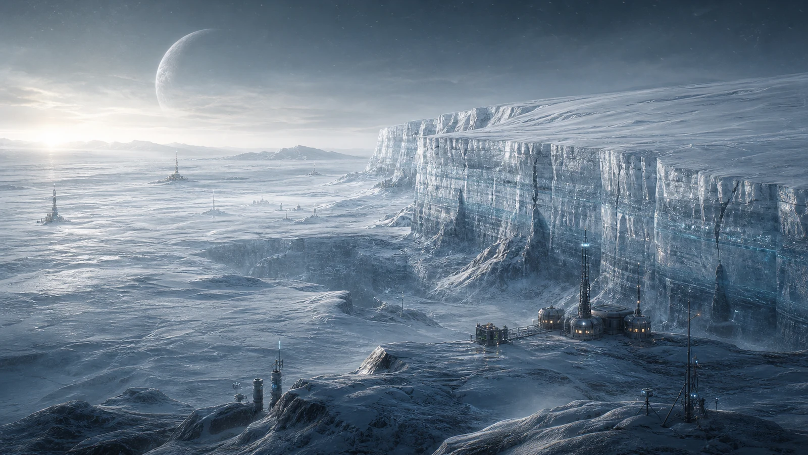 High-fidelity concept art of North Crown Icefield with layered ice shelves, research outposts, and preserved climate-memory strata.
