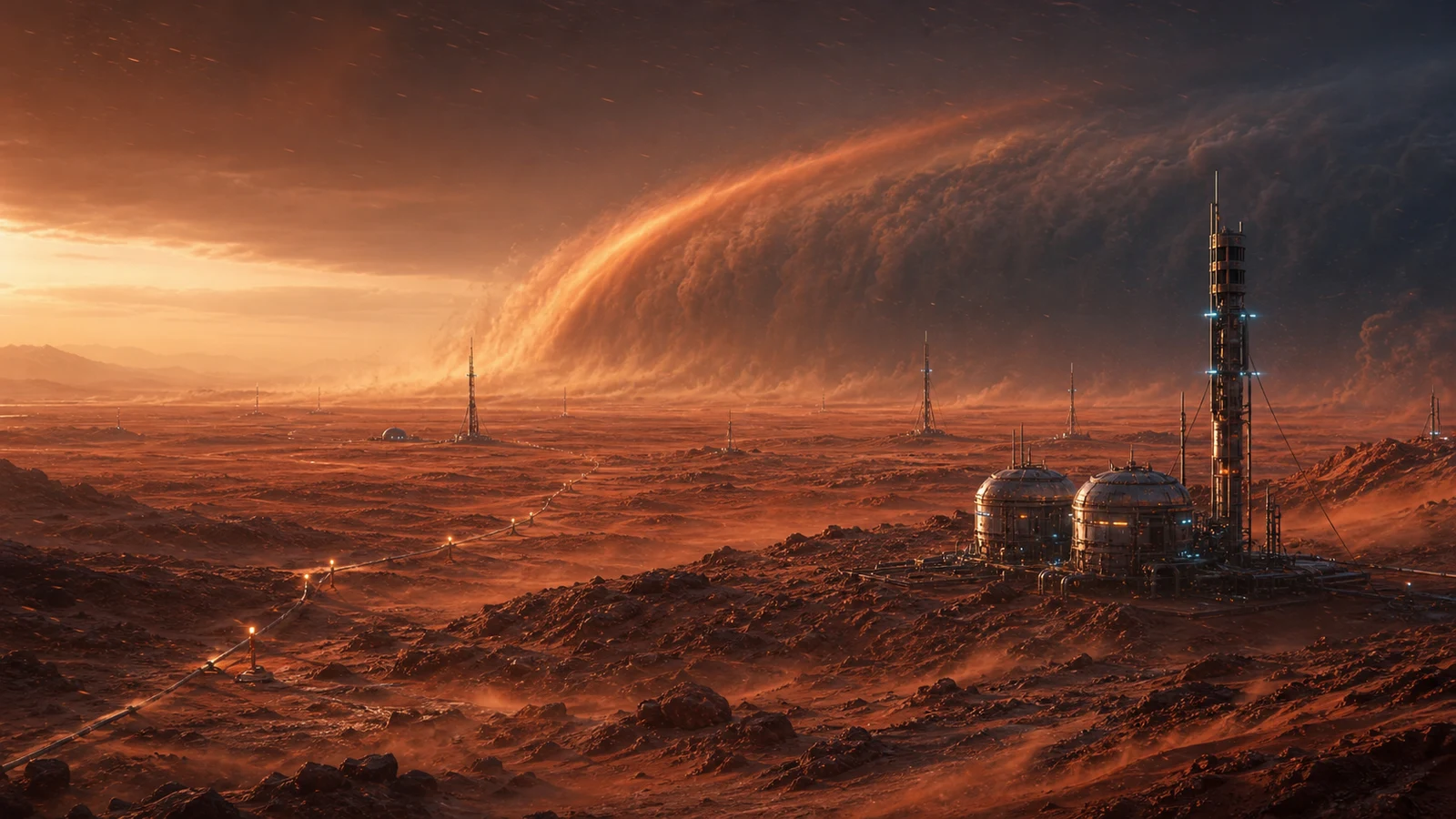 High-fidelity concept art of Red Ring Desert with red dust ridges, a charged storm boundary, and exposed expansion infrastructure.