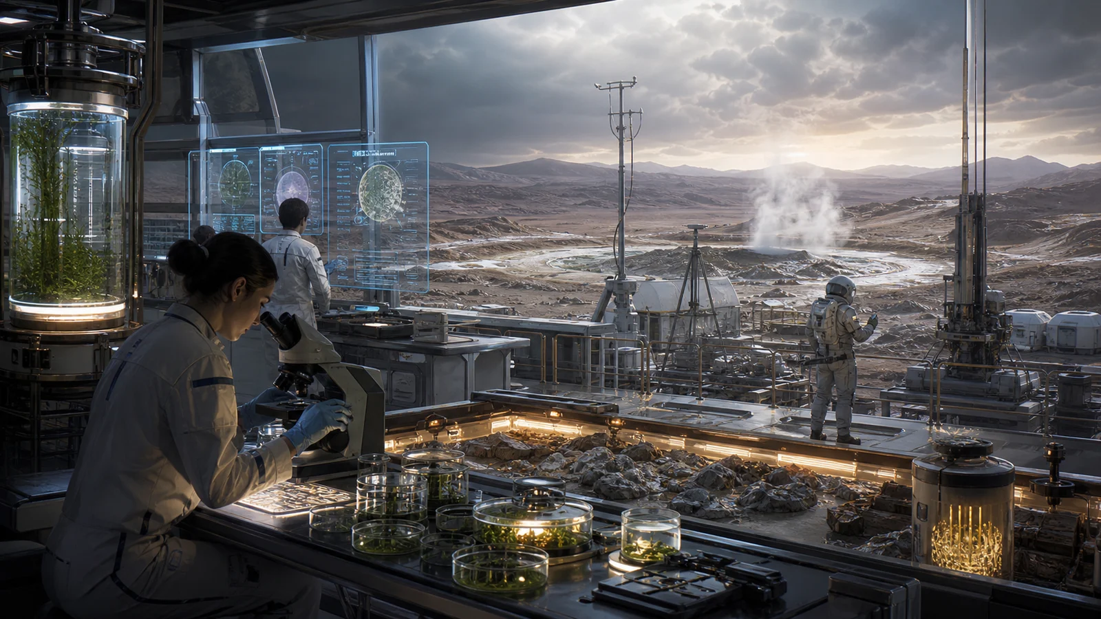 High-fidelity concept art of a Last Cradle research facility with field lab instruments, closed-loop life support prototypes, climate samples, and hostile terrain outside.